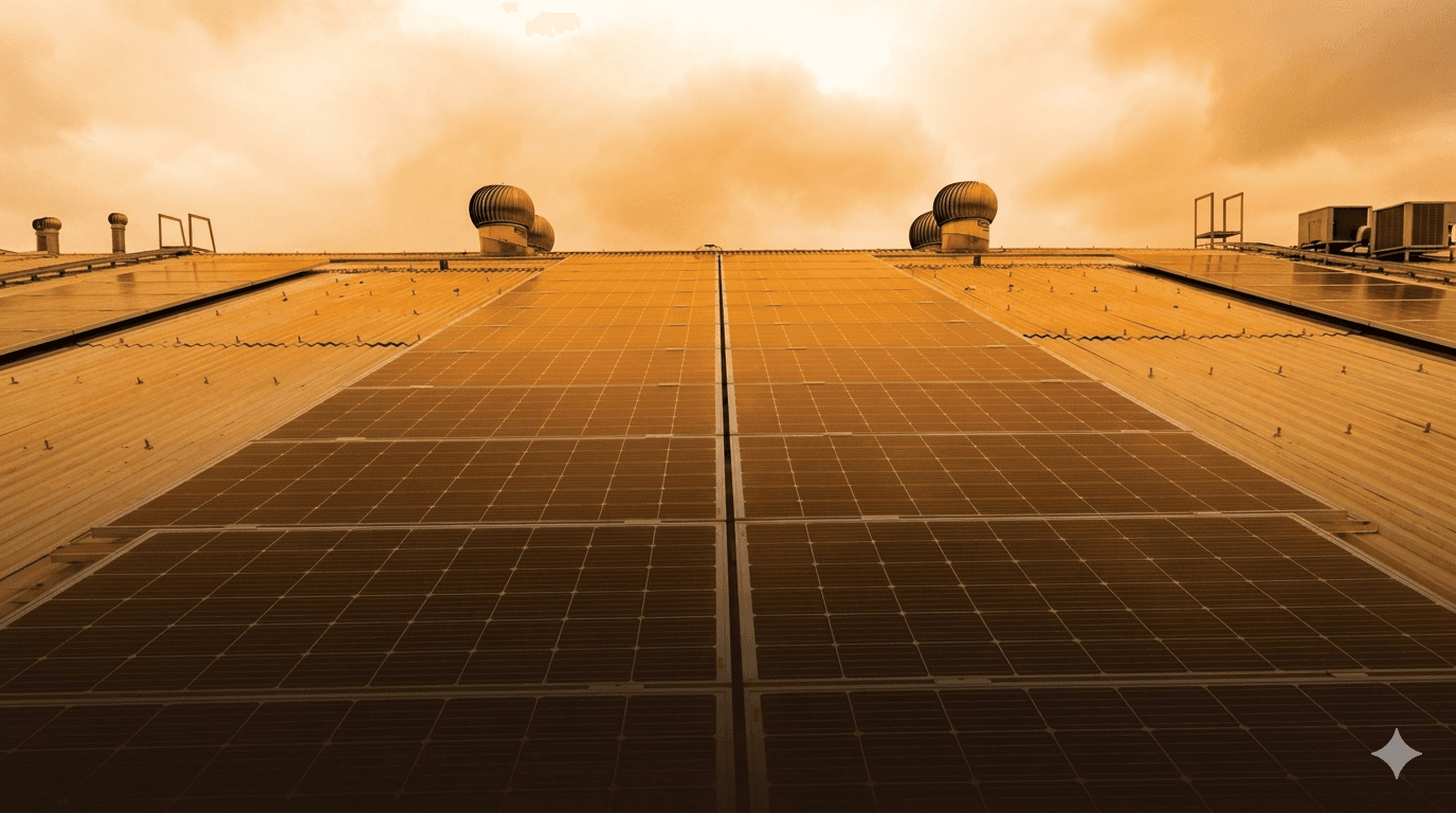 Solar panels powering a modern business campus